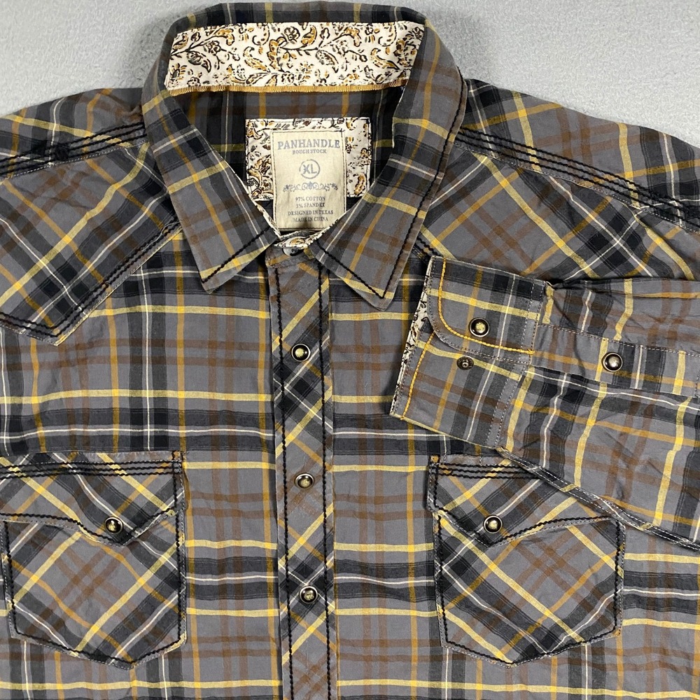 Panhandle Rough Stock Western Shirt Mens XL Grey Yellow Plaid Snap ROF8441
